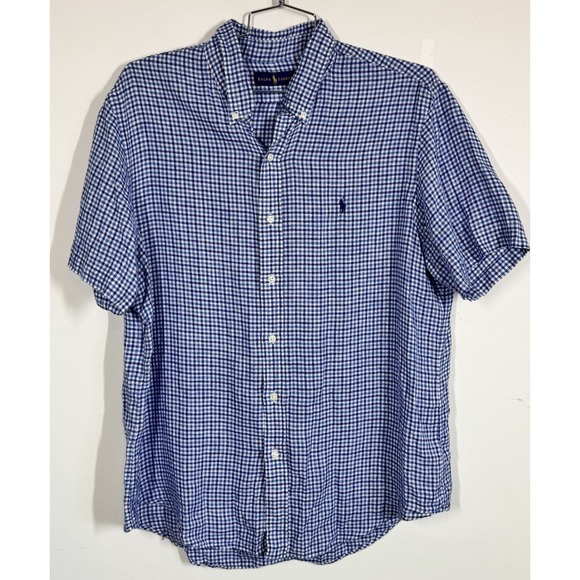 Ralph Lauren Men's‎ 100% Linen Short Sleeve Button Down Shirt Size XL Blue White - Picture 1 of 10